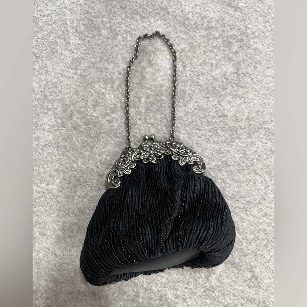 Mini Satin Beaded Handbag Pewter Metal Floral Kiss Lock Chain Handle Crinkled